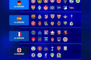 歐冠改制后五大聯(lián)賽參賽排行：德甲15隊居首，英超、意甲11隊最少