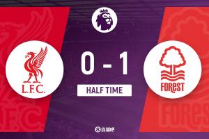 半場(chǎng)-利物浦暫0-1森林 穆里略破門引爭(zhēng)議熱蘇斯進(jìn)球被吹手球無效