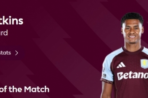 梅開二度助球隊逆轉，官方：沃特金斯當選維拉4-3布萊頓最佳球員